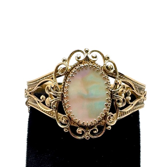 Whiting & Davis Vintage Goldtone Mother of Pearl Hinged Cuff Bracelet